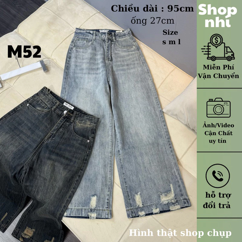 Quần Jean Nữ  Suông Rộng Rách Lai dài 95cm QC . Jean ko giãn . Ống 27cm . Đủ Size S/M/L ( S01 - Quần suông nấm ) 7095
