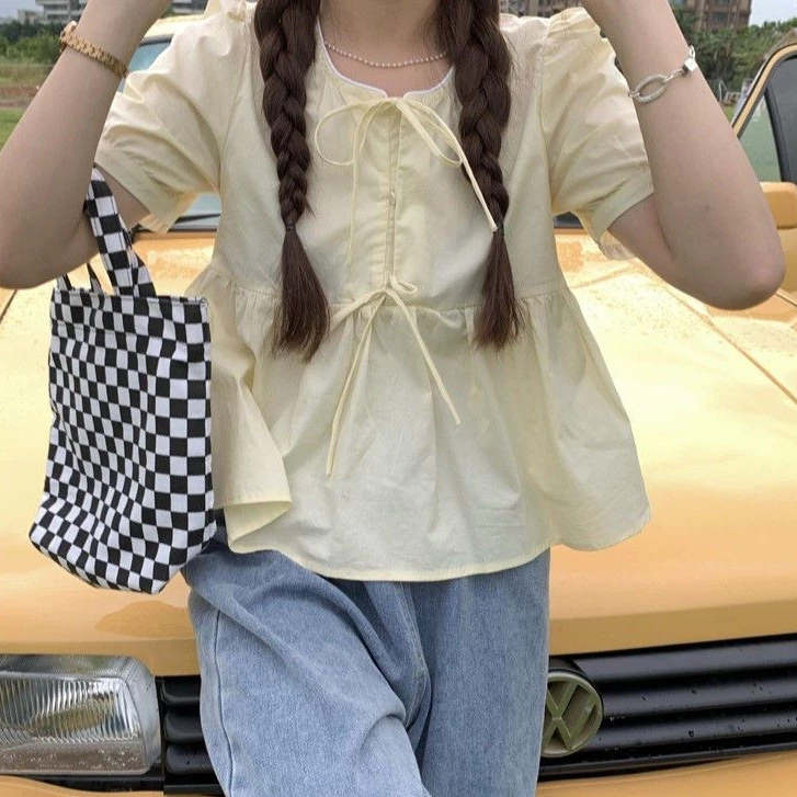 Áo babydoll vàng pastel cổ tròn thắt nơ tay bồng A108 Hàng đẹp Kenco.clothing Sài Gòn M2091
