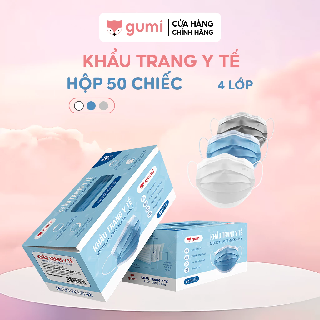 [HỘP 50 CHIẾC] Khẩu trang y tế 4 lớp Gumi Mask kiểu dáng gấp nếp kháng khuẩn, chống bụi mịn