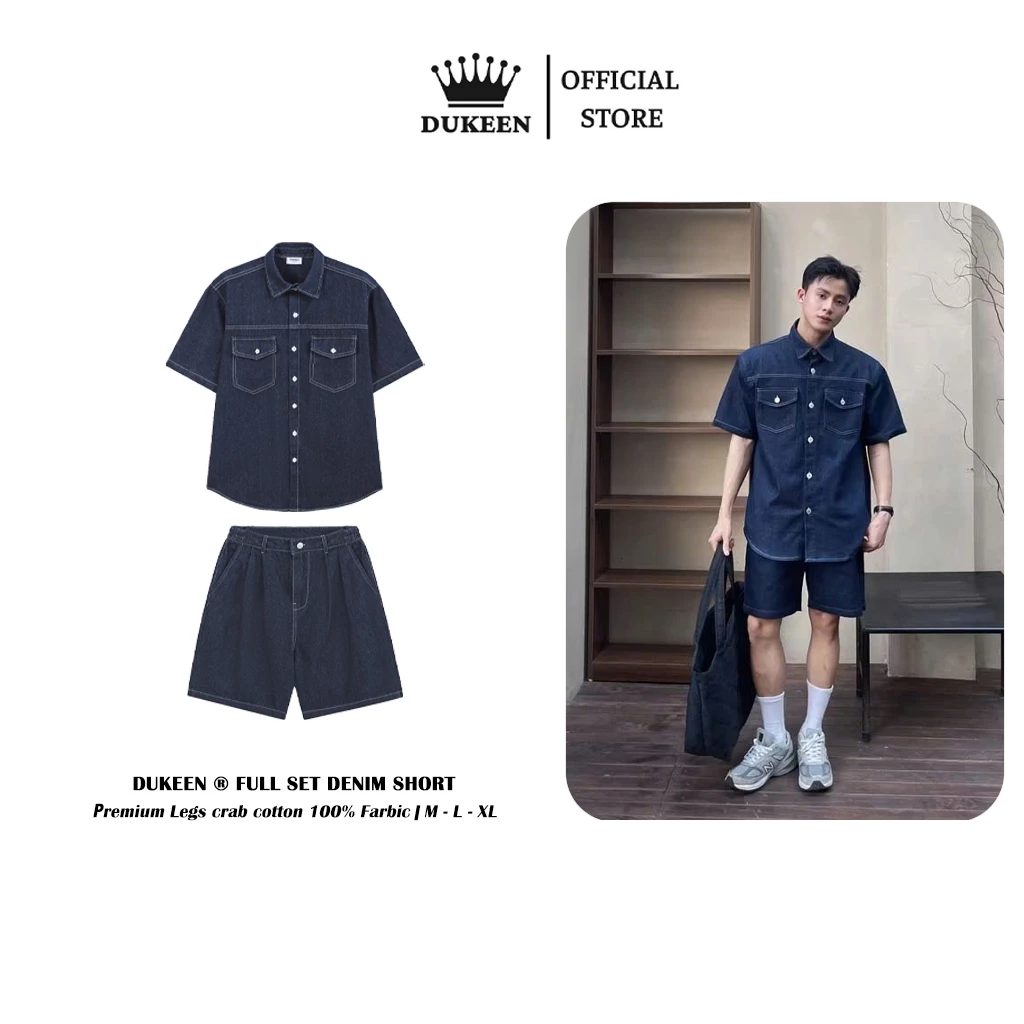 Đồ Bộ Nam Dukeen Set Jean Nam Nữ (Áo + Quần), Áo Sơ Mi Denim Cộc Tay và Quần Short Lửng DK084