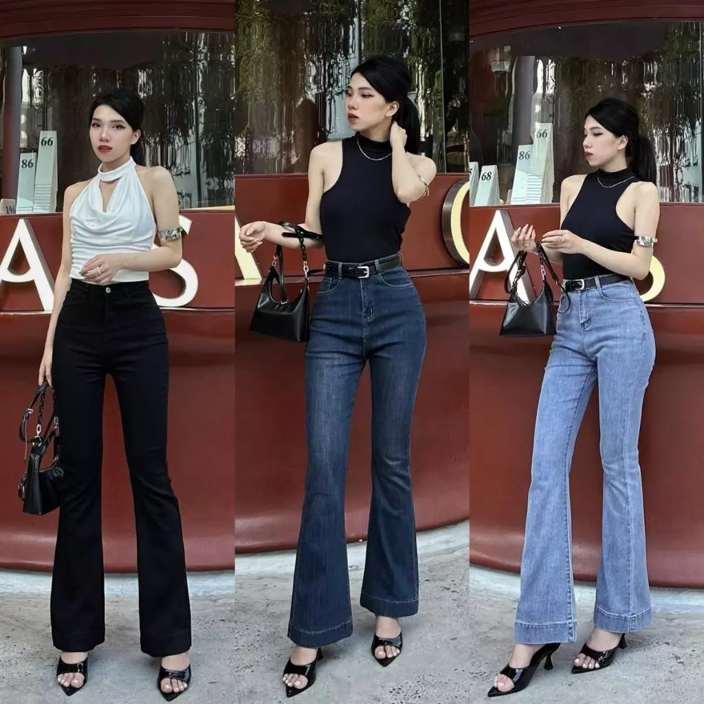 YURI JEANS - (EO BÉ) Quần Jeans  ống Loe Mẫu Trơn Co Giãn Lai Cuốn Tôn Dáng Nữ Pants Women Ong