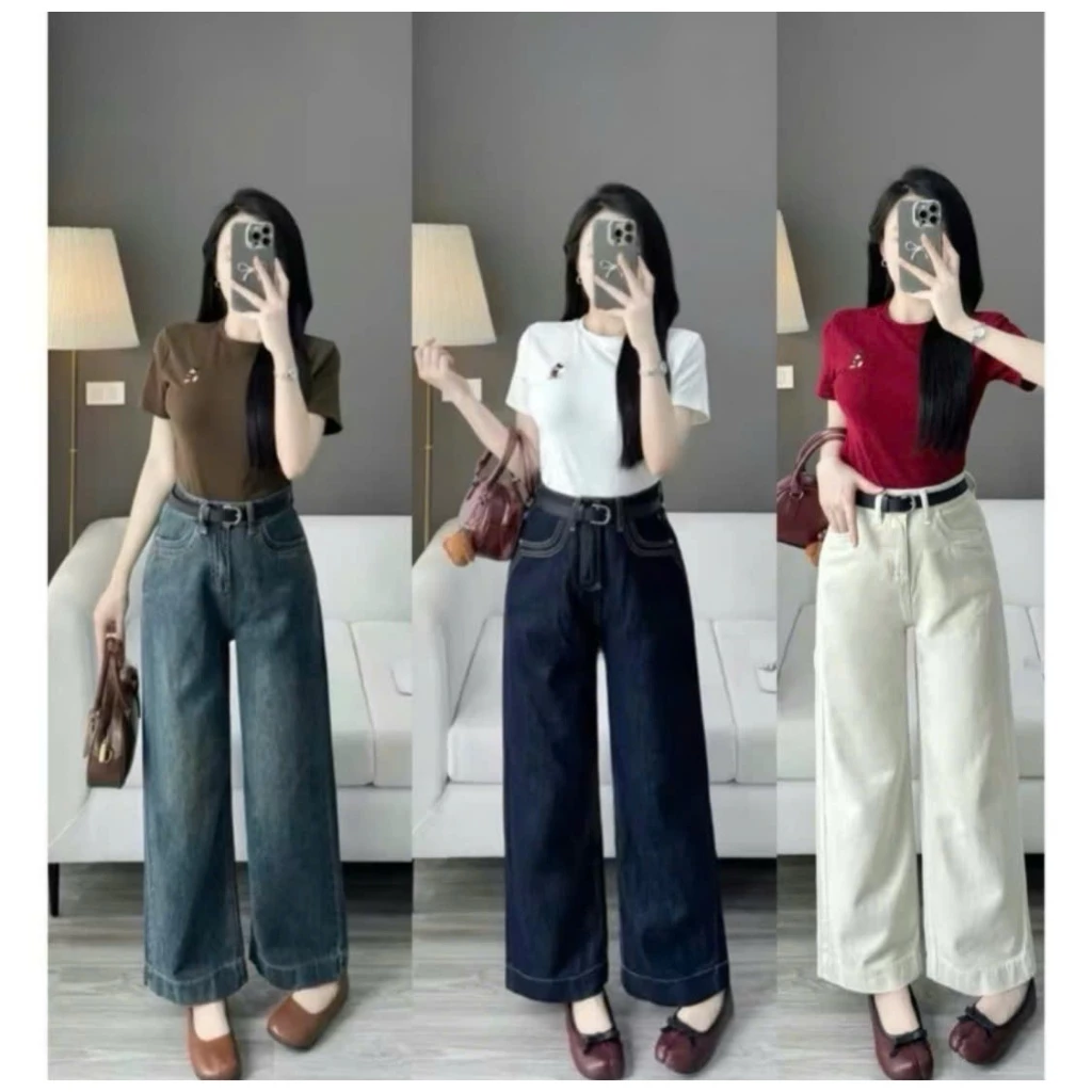 Quần jean bò ống suông rộng nữ suông ống to xuông jeans cạp cao phong cách style Hàn Quốc MS25