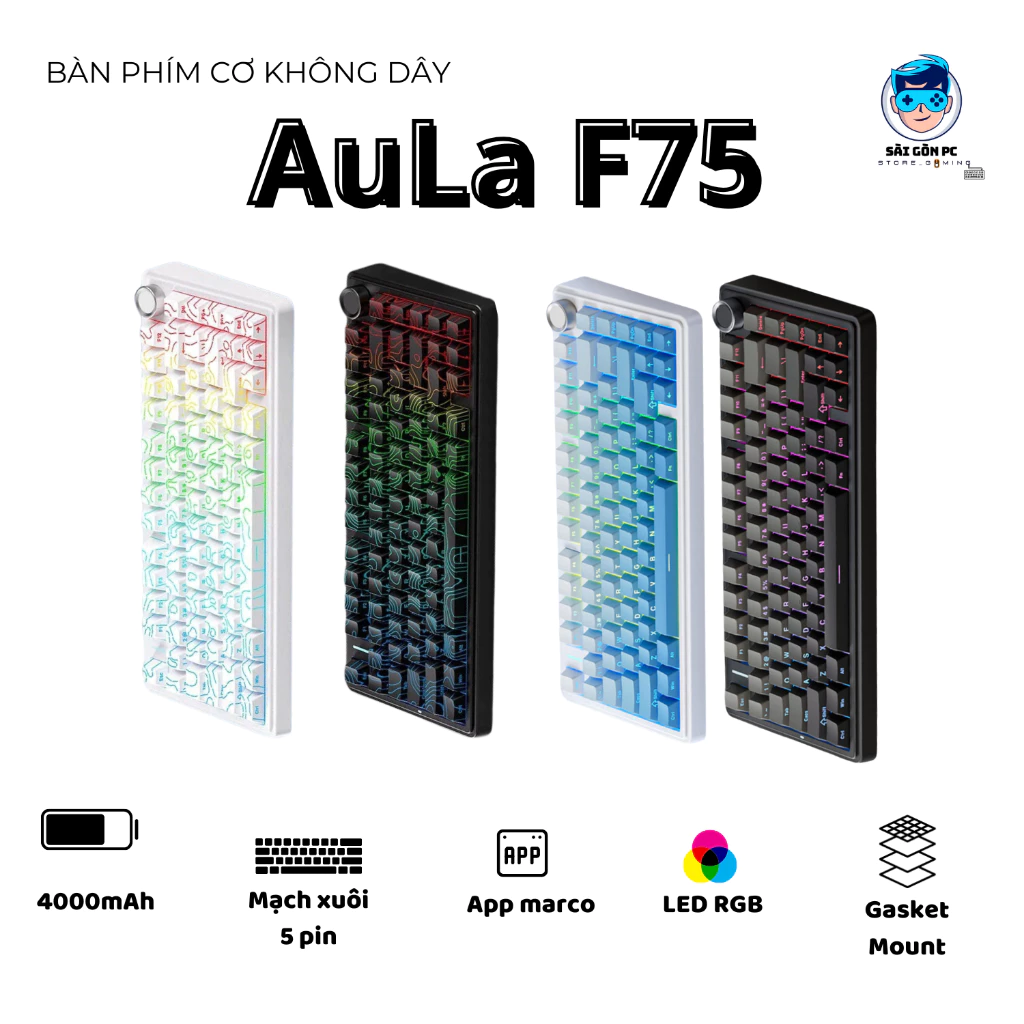 Bàn phím cơ Silent không dây AULA F75 - Hỗ trợ hotswap - LED RGB nhiều chế độ - 3 mode kết nối - Có App