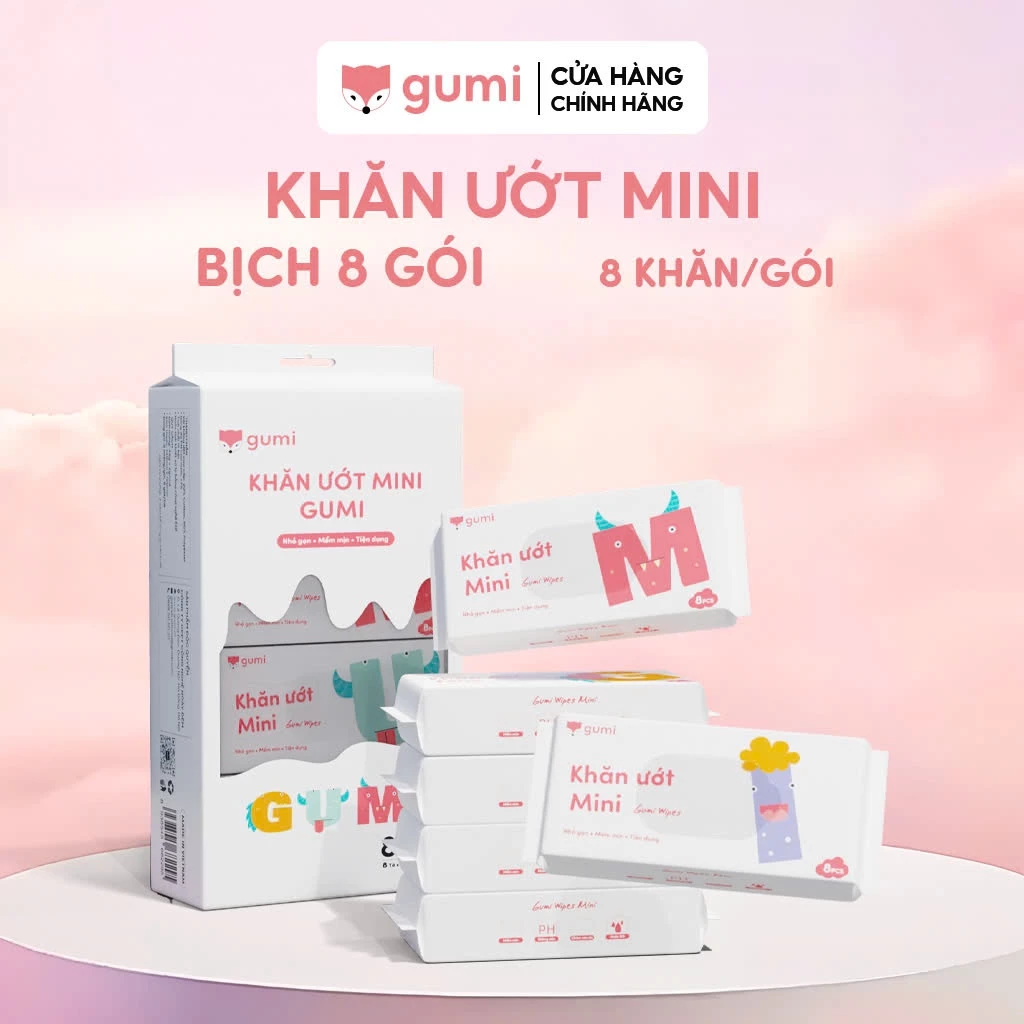 Hộp 20 gói Khăn giấy ướt Gumi Mini tiện lợi, không mùi bỏ túi tiện lợi