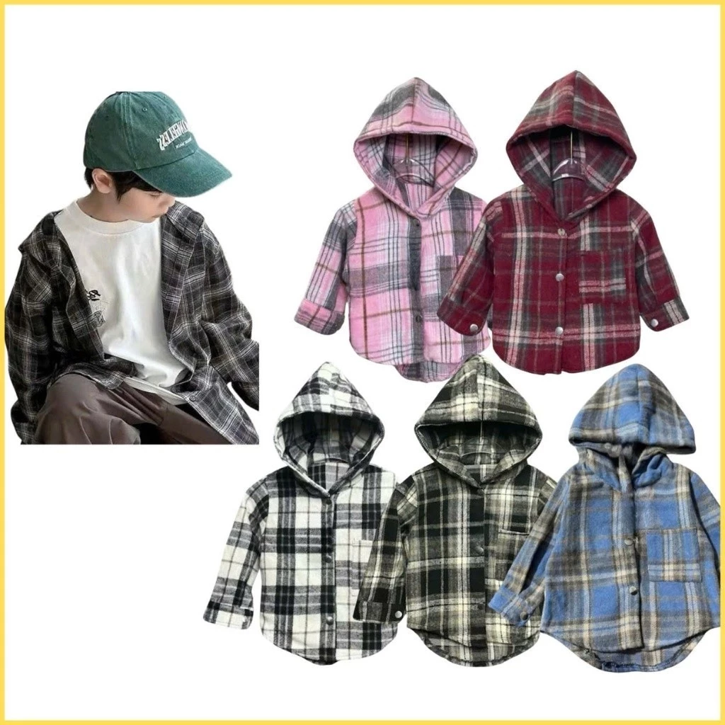 Áo Sơmi Flannel Dạ Kẻ Caro Có Mũ Cho Bé,Chống Nắng Tốt.Phong Cách Hàn Quốc,Chất Cotton [10-40kg]