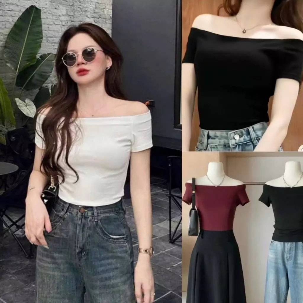 [COTTON XỊN] ÁO THUN NỮ TAY NGẮN TRỄ VAI ÔM BODY TÔN DÁNG QUYẾN RŨ_676