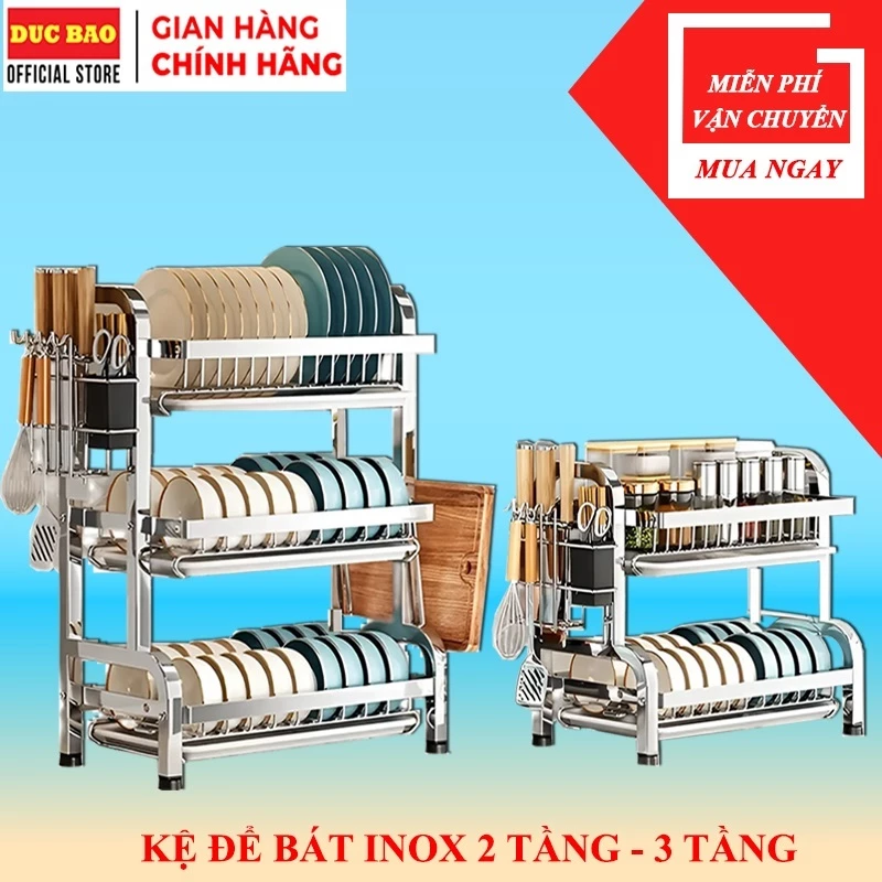 Kệ Chén Bát Đĩa INOX 2/3 Tầng Kèm Khay Đựng Bát Đĩa Cho Nhà Bếp