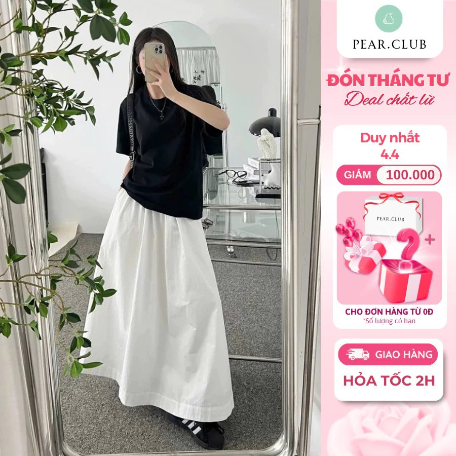 [BST HÈ 2026] Chân váy dài chữ A PEARCLUB chất cotton mềm mát màu trắng đi du lịch biển mùa hè 2026 V18