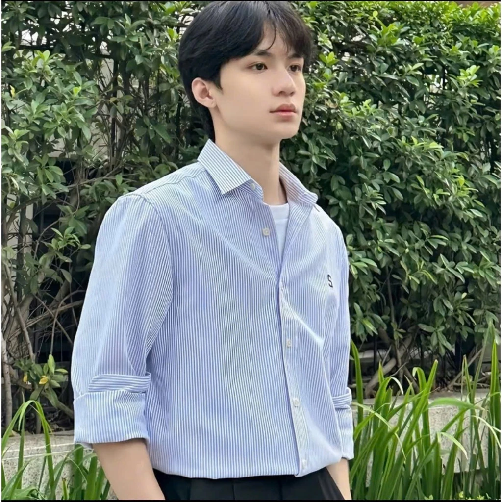 Áo sơ mi kẻ sọc xanh sọc xám thêu S mẫu mới trẻ trung sang trọng-MENSWEAR