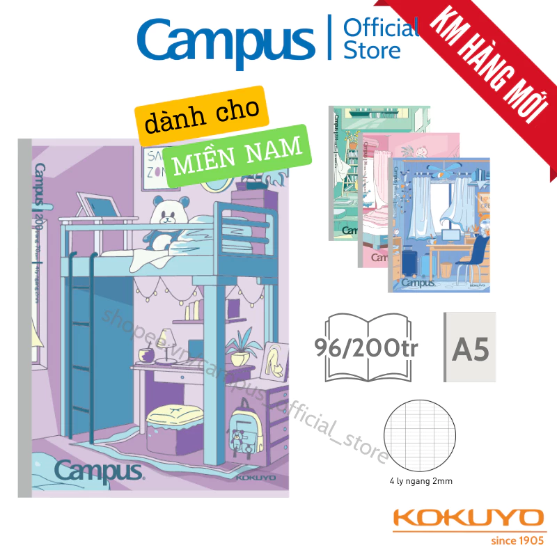 [Miền Nam] Tập Học Sinh Gáy Keo Studying Room Kẻ 4 Ly Ngang 2mm 96/200 Trang Khổ A5 Chính Hãng Campus