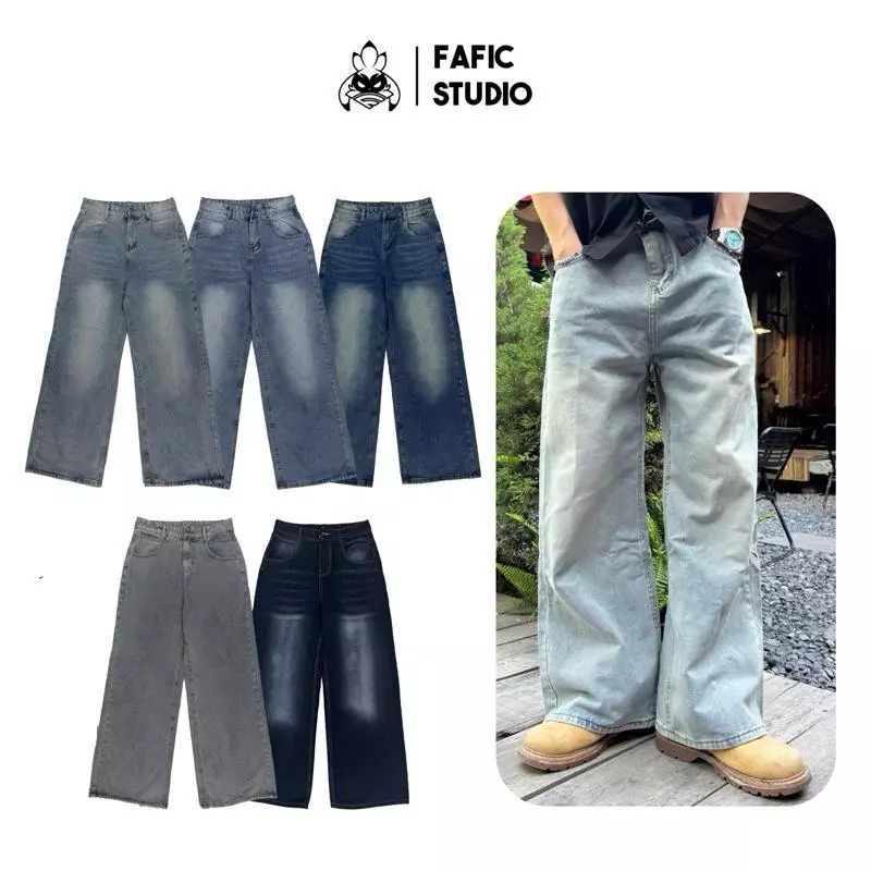 Quần Jean Dài Wash FAFIC Studio ỐNG RỘNG unisex Hàn Quốc Quần Jeans dáng suông jean Nam Nữ