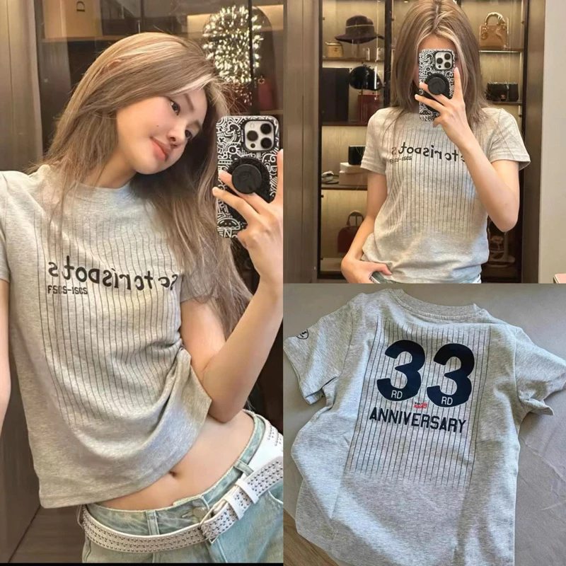 Áo Thun Nữ Baby Tee Màu Xám Retro In Sọc Ôm Vừa - Phong Cách Hàn Quốc