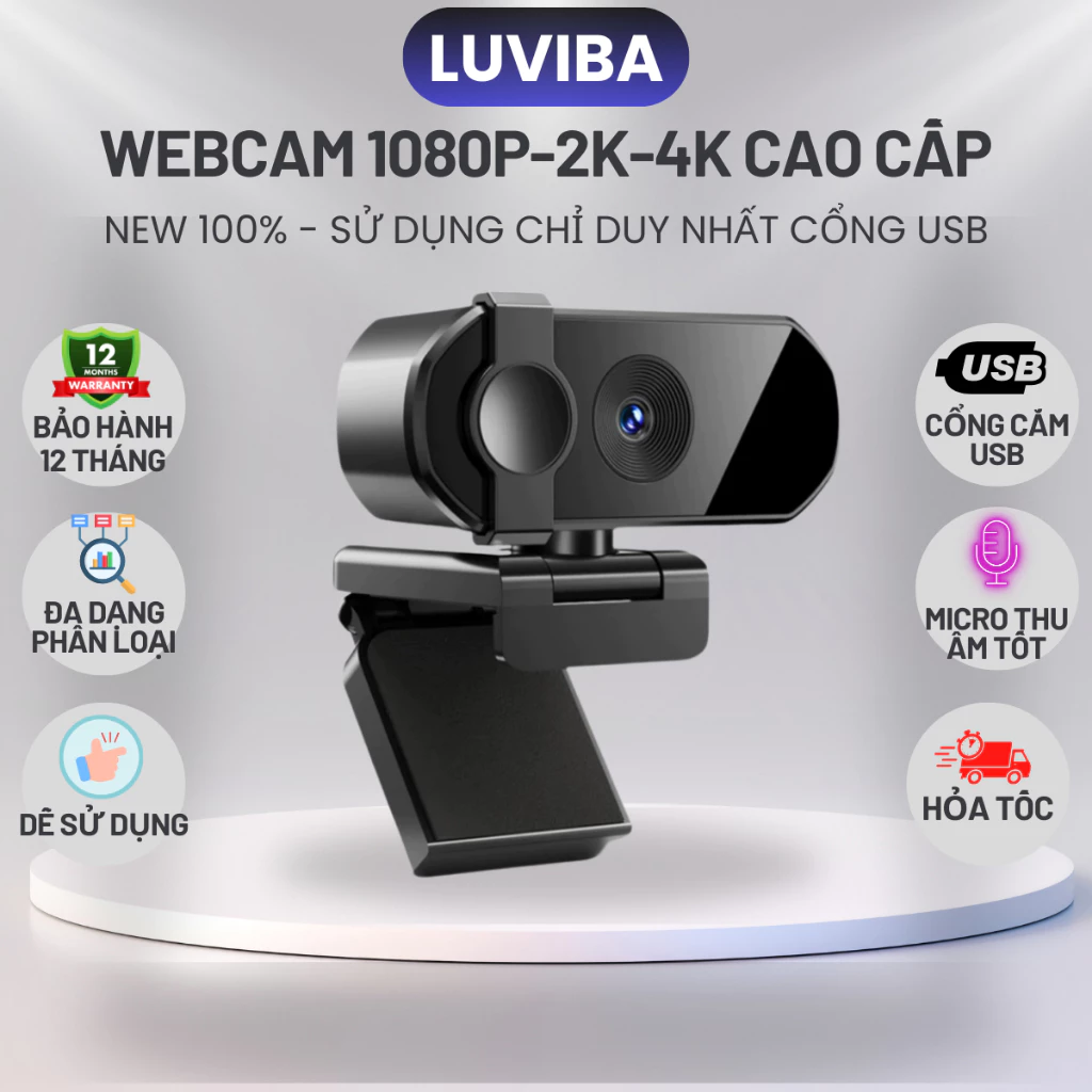 Webcam pc 2k 4k livestream máy tính, camera laptop pc có mic cao cấp LUVIBA WC12