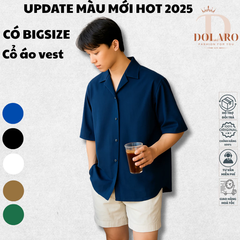 Áo sơ mi tay ngắn nam nữ DOLARO form rộng sơ mi cổ vest unisex tay lỡ, chất vải lụa mịn chống nhăn