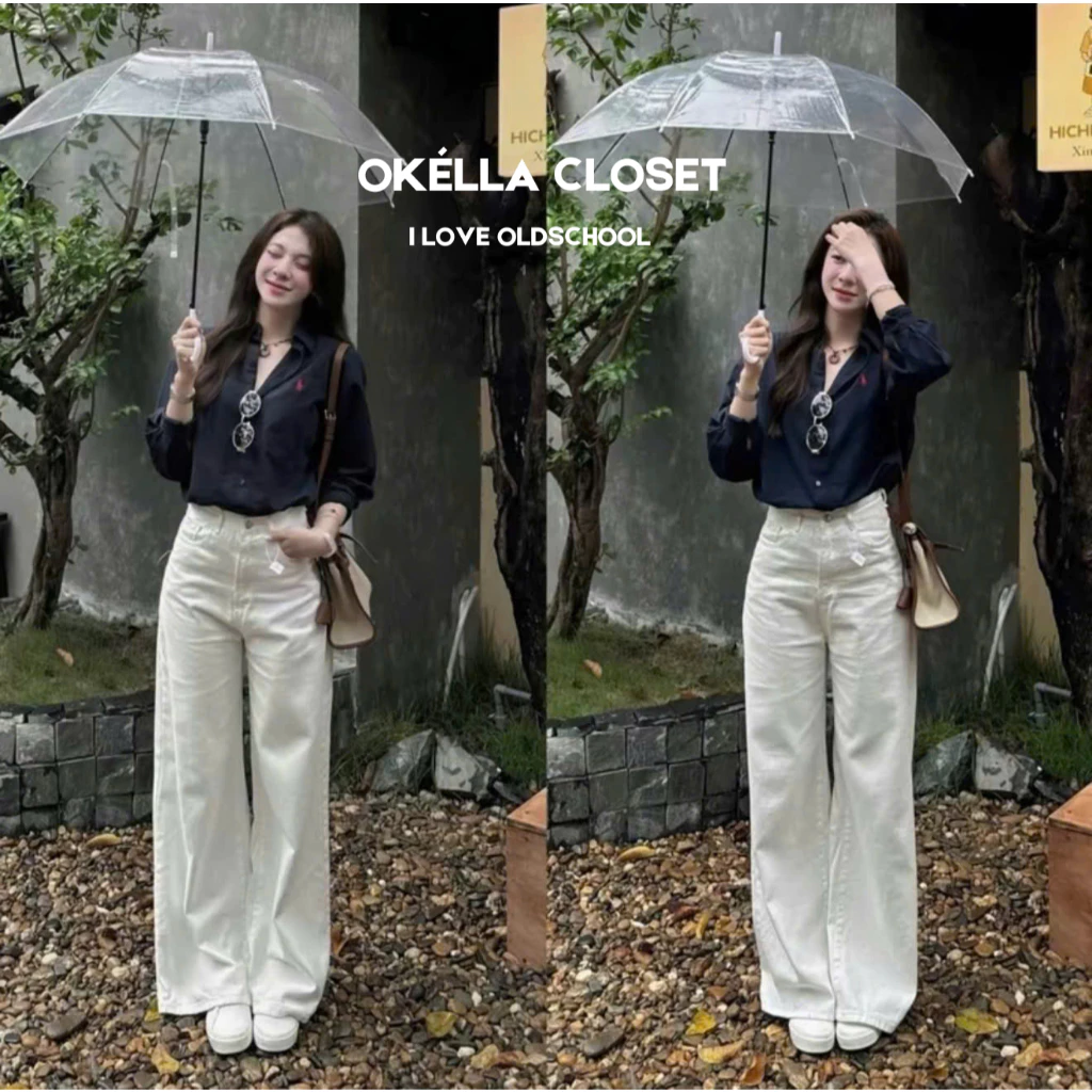 Quần JEANs ống suông rộng dáng Basic, Quần Trắng Demin dài chùm chân Okélla