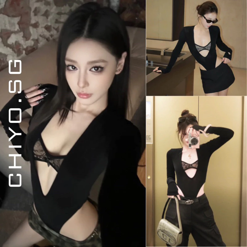 [GIÁ MỞ BÁN] Bodysuit tay dài khoét ngực cá tính CHIYO.SG kèm bra ren rời phong cách trendy S181