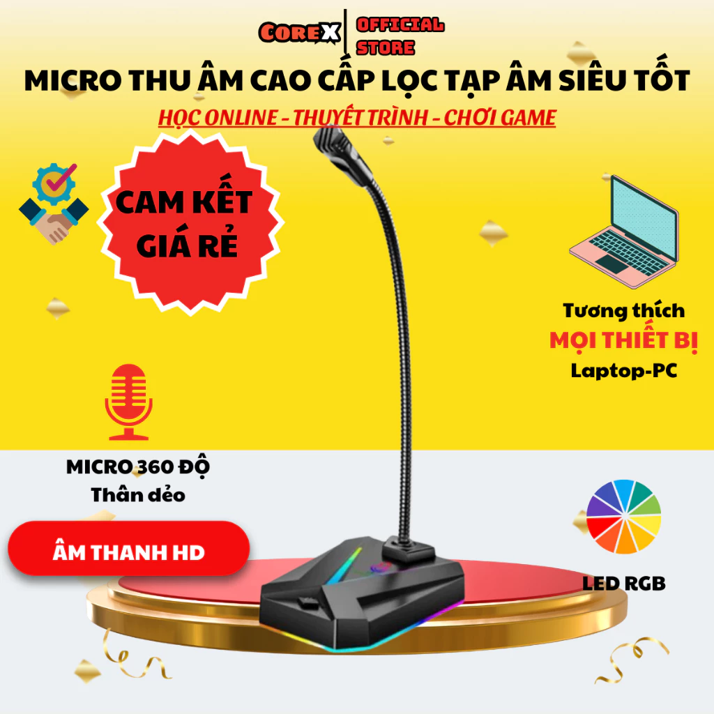 Micro Máy Tính, Laptop MK10 Jack USB Có LED Thu Âm 360 Độ Lọc Tiếng Ồn Độ Nhạy Cao Cho Học Tập, Thuyết Trình,Chơi Game