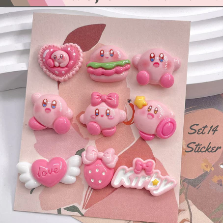 Bộ 14 Sticker, Charm 3D chủ đề Kirby DIY nhựa cứng gắn Dép, Dép Sục, Cá Sấu MayTo JB-36