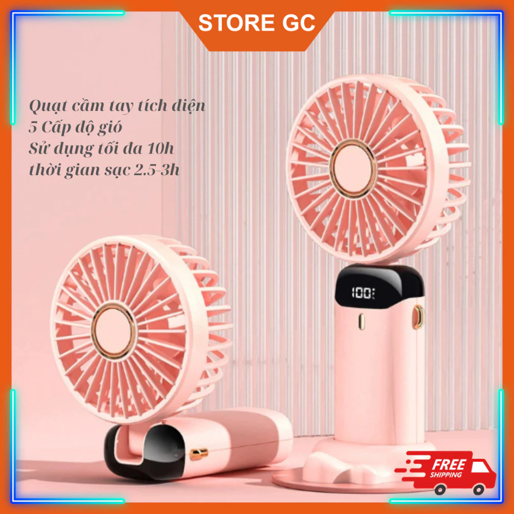 Quạt Cầm Tay Mini Tích Pin Trâu, 5 Tốc Độ Gió, Dung Lượng Pin Lớn, Sạc USB, Bảo Hành 12 Tháng