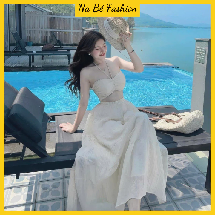 Đầm Maxi Đi Biển Set Váy Nữ Kèm Áo Quây Có Mút Set Váy May 2 Lớp Chất Vải Tơ Xốp Quảng Châu Mềm Mát