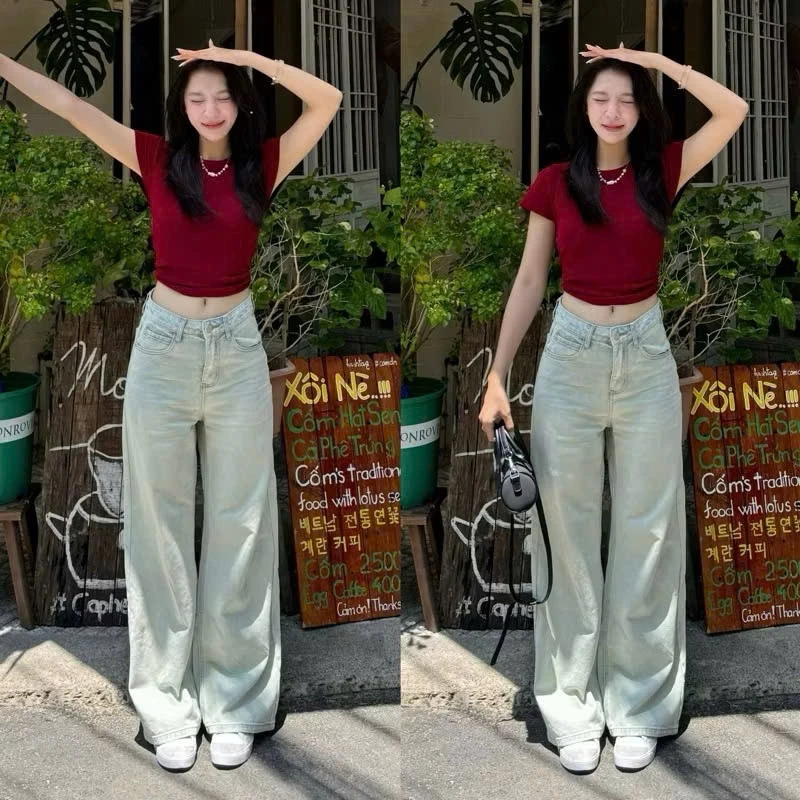 Quần Bò Jeans Nữ Ống Rộng, Quần Bò Denim Suông Ống Rộng Trơn Màu Xanh Bạc Cạp Cao Siêu Hách Dáng Cực Đỉnh