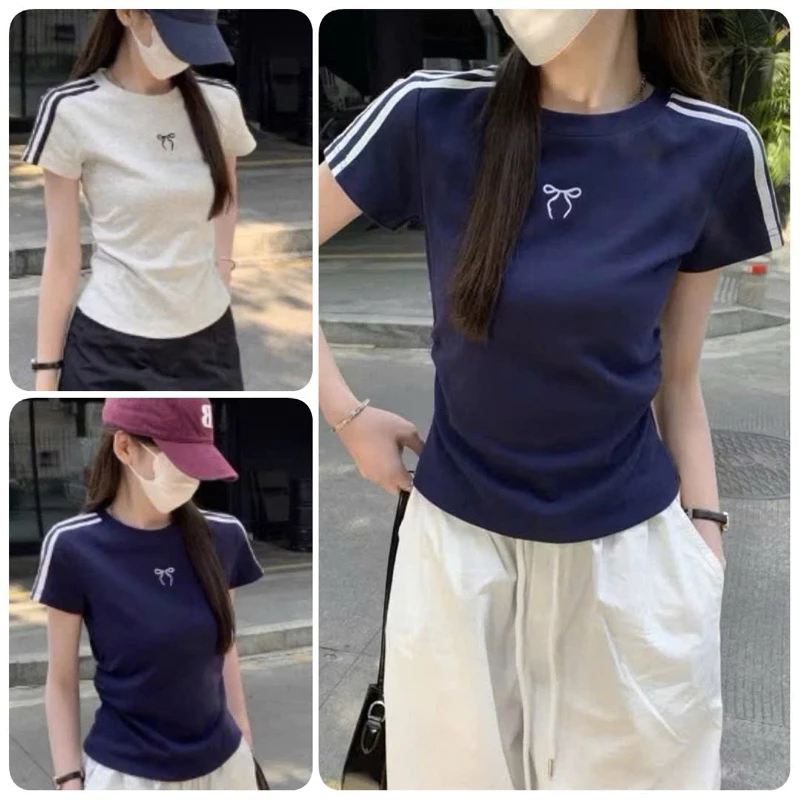 Áo Thun Baby Tee Tay Sọc Kẻ  Nơ Dễ Thương . Áo Baby Tee Chất Cotton Co Giãn