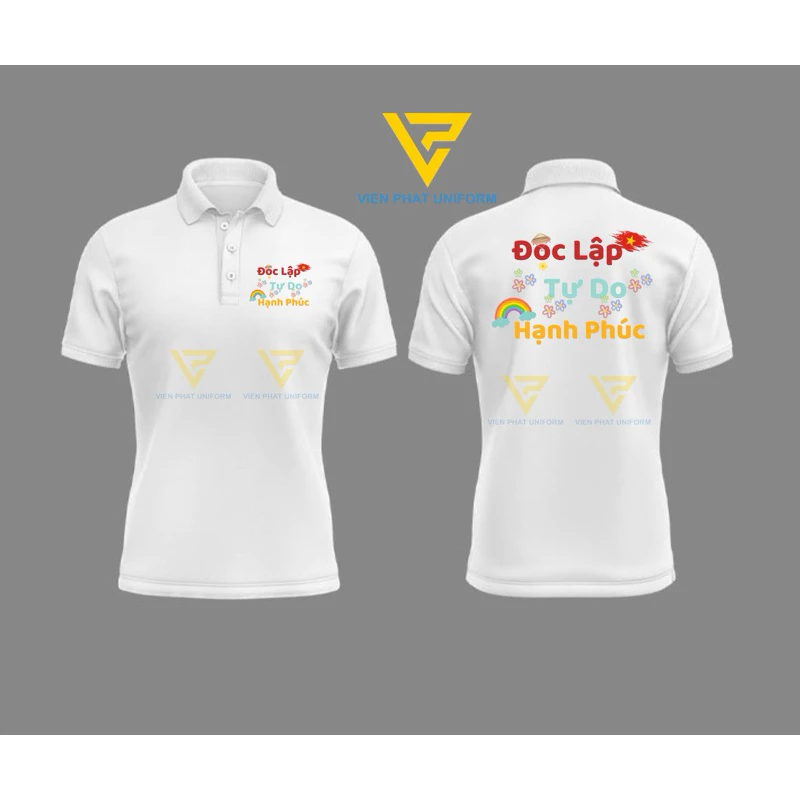 Áo polo trắng unisex in ĐỘC LẬP - TỰ DO - HẠNH PHÚC vải cá sấu poly - Viễn Phát Uniform