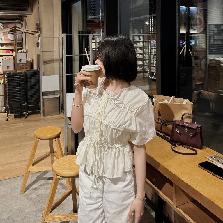 Áo Babydoll Nữ Kiểu Xinh Cổ Tròn Thân Dập Tầng Phối Nơ Tay Ngắn Chất Thấm Mồ Hôi Mát Mẻ Cho Ngày Hè