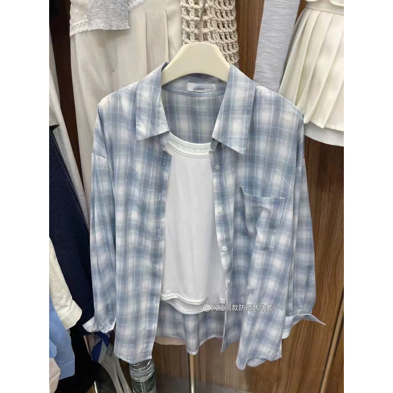 Set Áo Sơ Mi Kẻ Sọc Caro Xanh Kèm Áo Ba Lỗ Trắng (Hình Thật) Áo Sơ Mi Style Hàn Quốc Tone Xanh Mát