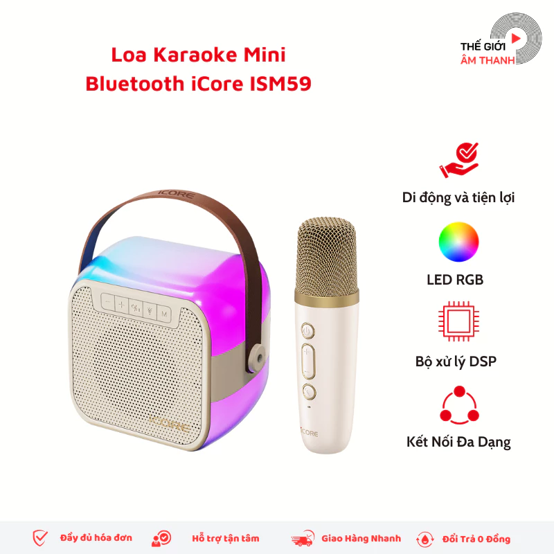 Bộ Loa Karaoke Mini Bluetooth iCore ISM59 kèm 01 Micro Không Dây  - Âm Thanh Chất Lượng, Đèn RGB - THẾ GIỚI ÂM THANH