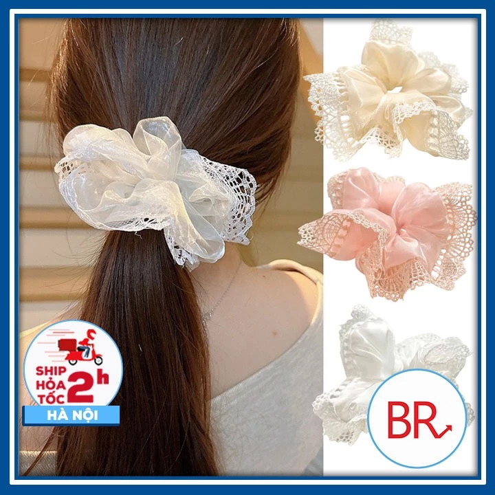 Dây buộc tóc scrunchies 14cm viền ren to phồng cao cấp- Dây cột tóc nơ ren dễ thương sang trọng dễ phối đồ 02766