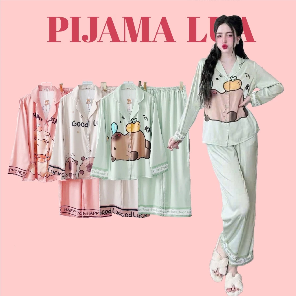 Tổng Hợp mẫu [CAPYBARA] Pijama Tay Dài Quần Dài Chất Lụa Cát Siêu Mềm Mịn Size 40kg-68kg