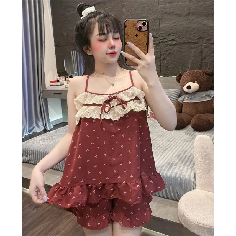 Đồ bộ hai dây chất đũi vân mây phối nơ nhí viền bèo xinh