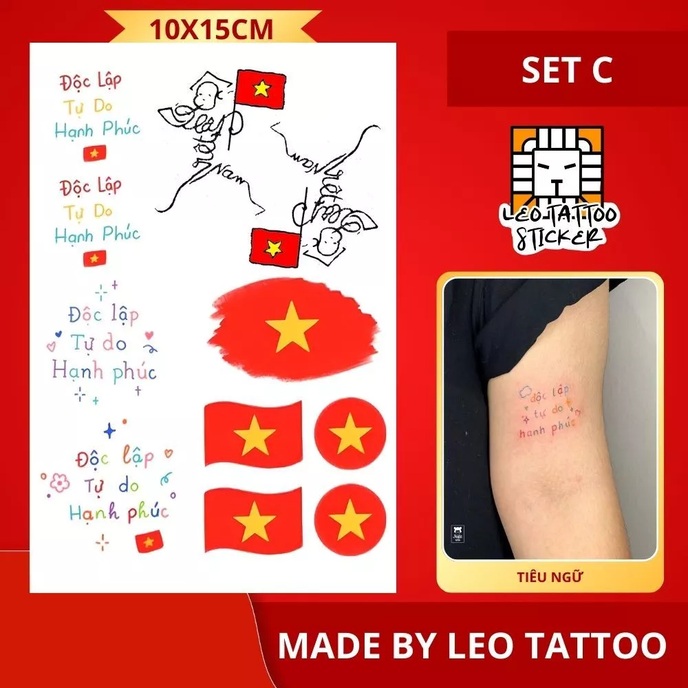 Hình Xăm Tiêu Ngữ Màu Sắc, Lá Cờ Đỏ Việt Nam - Hình Dán 2-5 Ngày Dễ Dàng Tẩy Xóa (15x10cm)