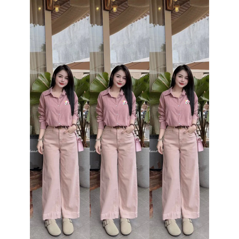Quần Jeans Nữ Màu Hồng Pastel, Hồng Phấn Kiểu Ống Rộng Hách Dáng Đỉn h