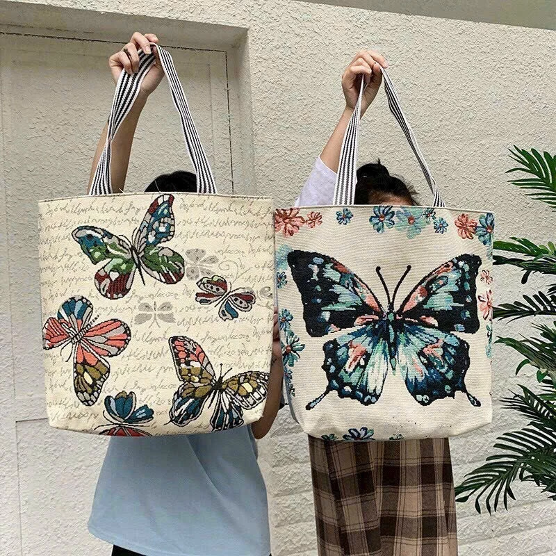 Túi tote hình hoa phong cách hàn quốc, túi vải nữ, túi đeo vai canvas đa năng cho nữ