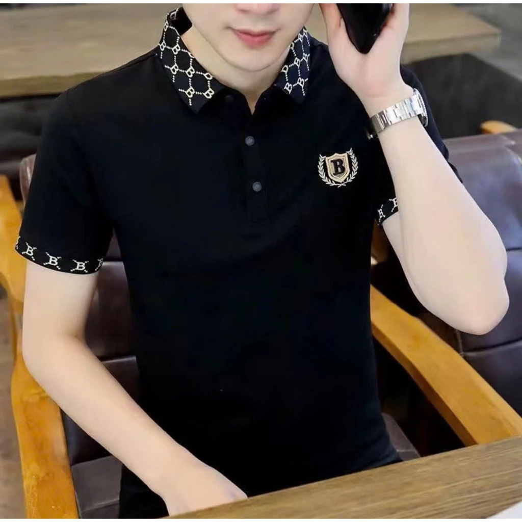 Áo Polo nam ngắn tay thêu B cổ Dệt phong cách đơn giản trẻ trung- Menswear Cộc Tay Cotton Kem Có Cổ