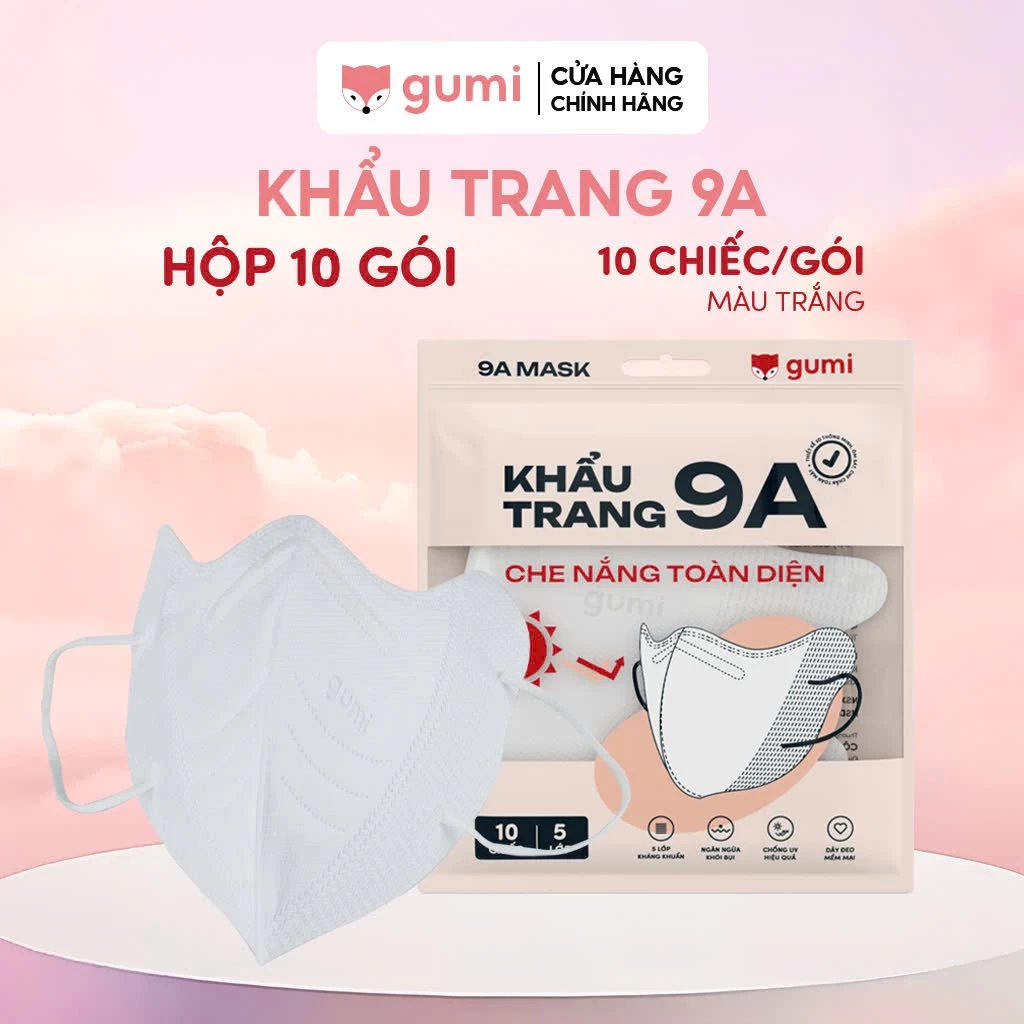 Hộp 100 chiếc Khẩu Trang Gumi 9A chống nắng 5 lớp che toàn mặt ngăn ngừa khói bụi chống tia UV