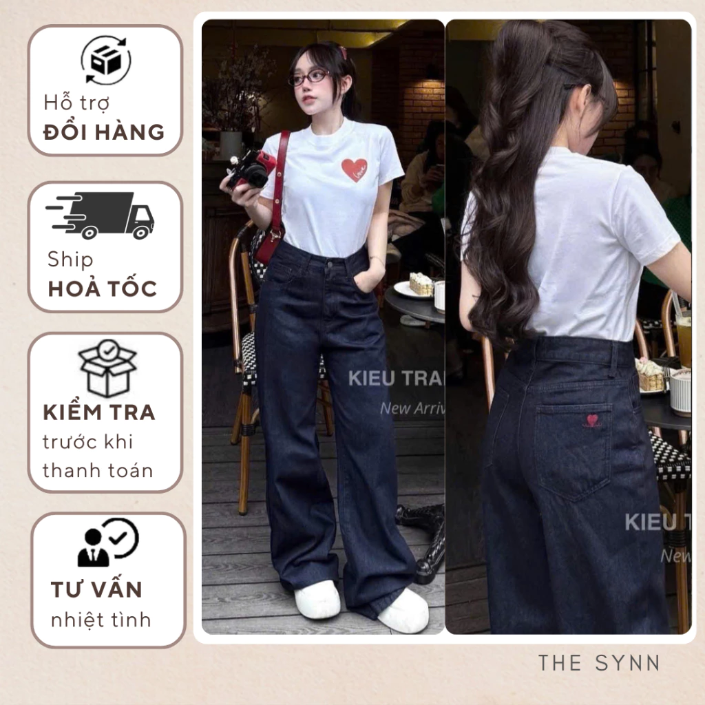 QJ37 - Quần Jean Nữ Unisex Ống Suông, Lưng Cao Màu Xanh Đậm Thêu Tim Sau Túi