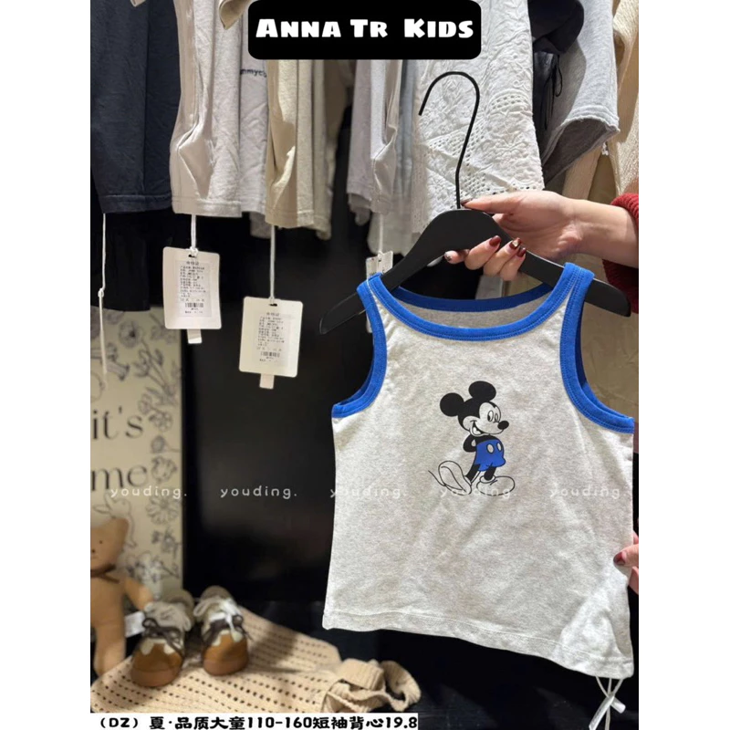 ( Ảnh Thật ) 2189 Áo Thun ba lỗ croptop viền xanh in hình chuột mickey Bé Gái