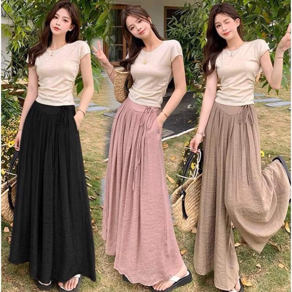Quần Ống Rộng Cạp Cao Vải Đũi Mềm Mát Phong Cách Ulizang Hàn Quốc D821