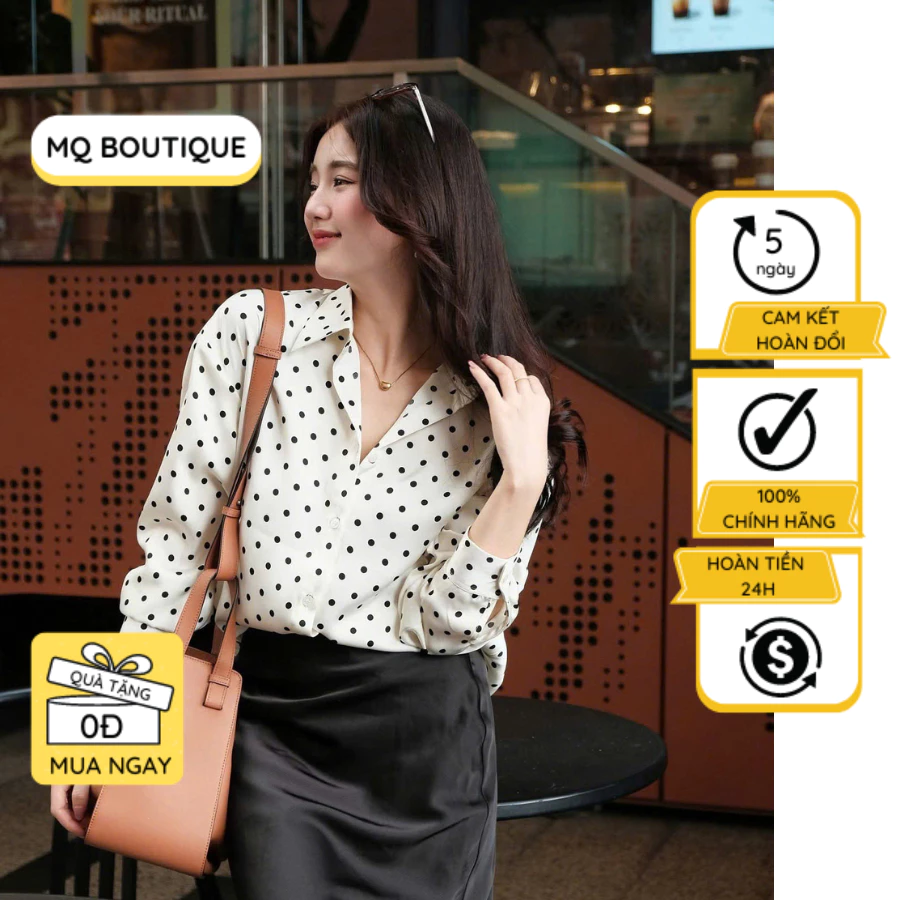 Sơ mi lụa chấm bi thiết kế MQ Boutique họa tiết chấm bi nền be sữa mềm nịn dáng cơ bản, áo sơ mi thiết kế