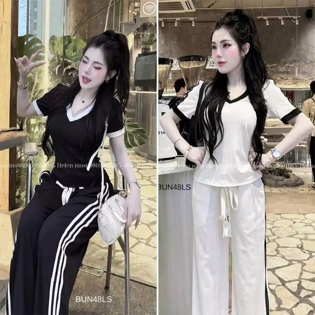 Q45-  Set áo tay ngắn mix quần kẻ sọc bo chun có dây rút viền 2 màu từ size 40-68kg