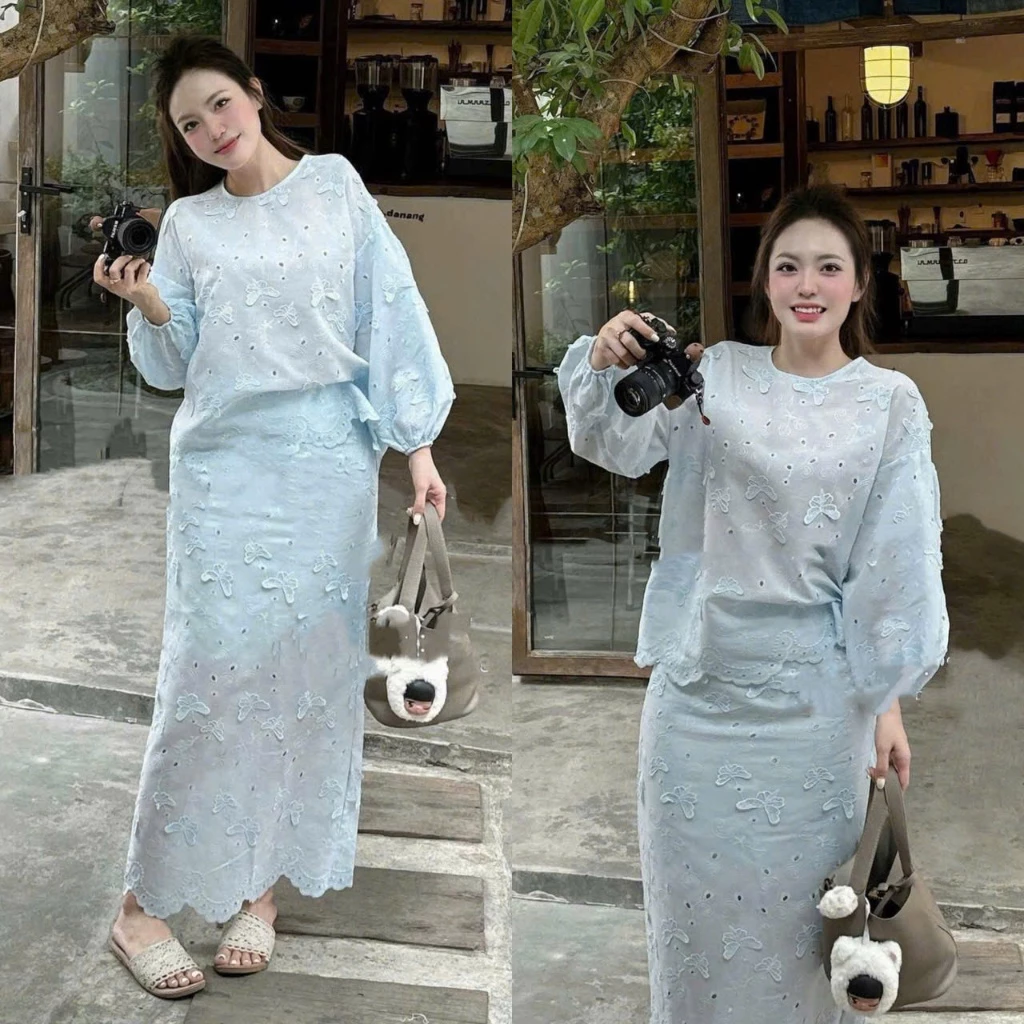 [Hàng Shop]: Set Ren Thêu Nổi Hồ Điệp Áo Tay Bồng Mix Chân Váy 2 Lớp Lót Sieu Xịn (Ảnh Thật Trải Sàn) Lollaye
