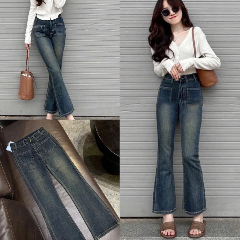 Quần bò loe 2 túi vuông trước mài đùi cạp cao chất vải jeans dãn mềm chuẩn dáng cho nữ