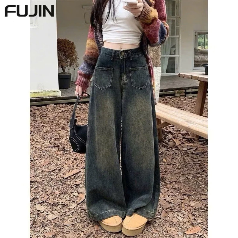Quần bò ống rộng 2 túi vuông trước gấu 3cm dáng dài lưng cao phong cách Hàn Quốc