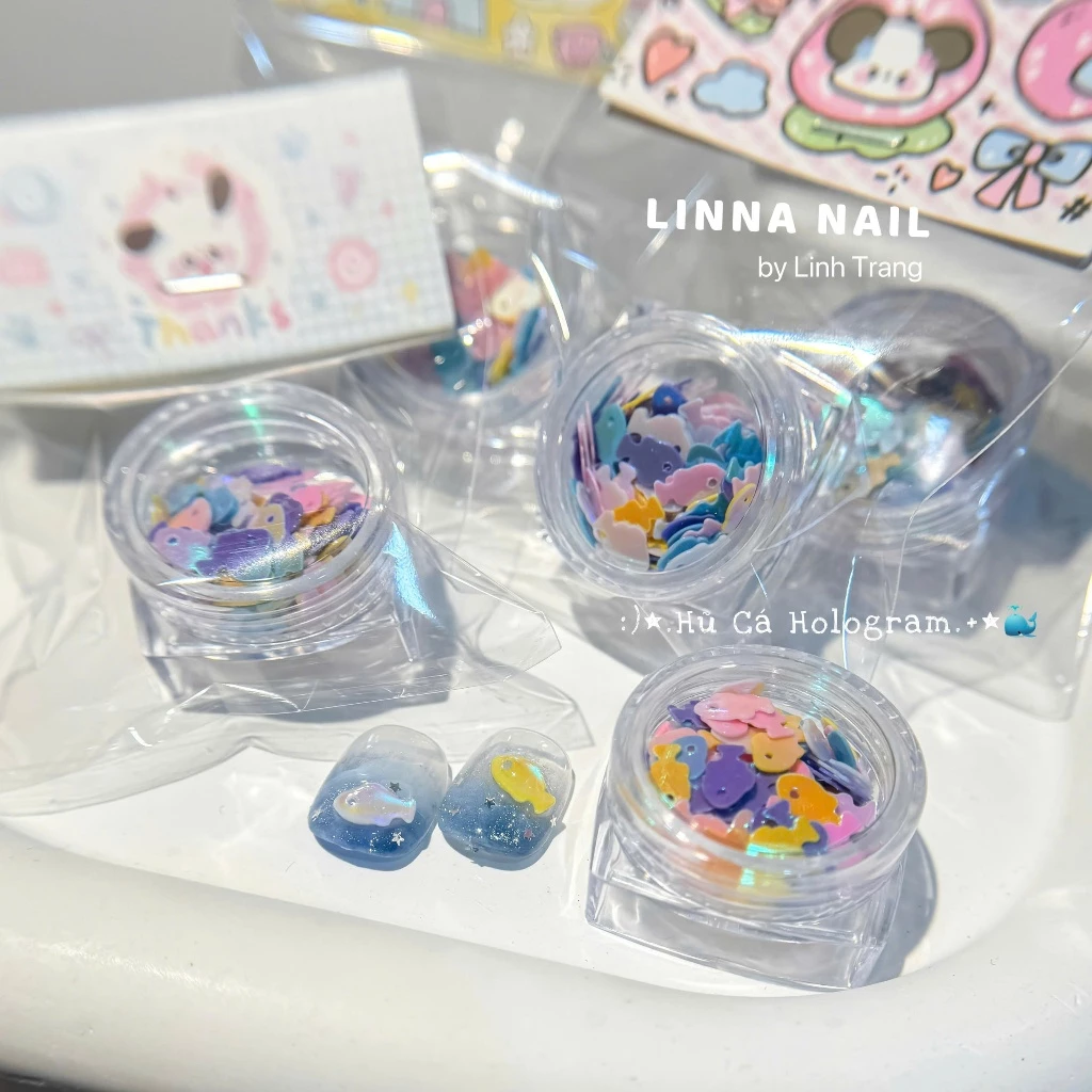 Hũ Nhũ Cá, Sao, Trái Tim Hologram Trang Trí Nail Biển Xanh Mùa Hè