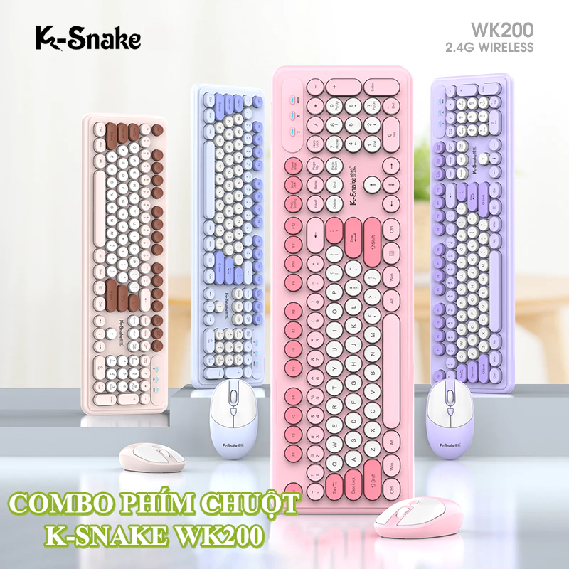 Bàn phím và chuột không dây K-SNAKE WK200 kết nối bằng USB 2.4G đa dạng màu sắc