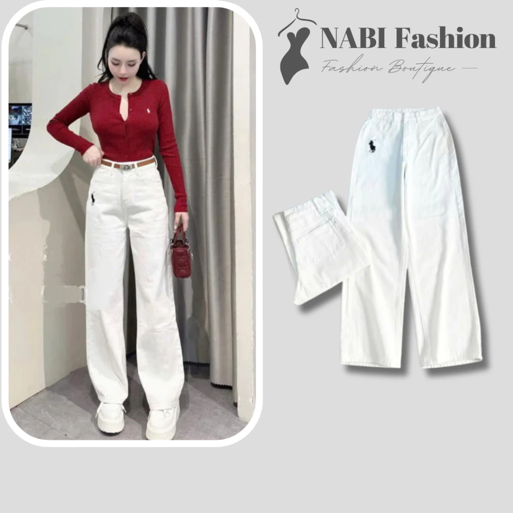 Quần Jeans Nữ Ống Rộng NABI Fashion , Quần Bò Denim Suông Màu Trắng Thêu Ngựa Bản Cạp Cao Siêu Hách Dáng Cực Đỉnh