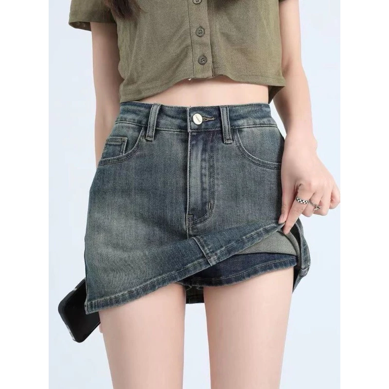Chân váy jean xám retro cá tính siêu lạ mắt, quần váy bò màu rêu cá tính thời trang hàn quốc